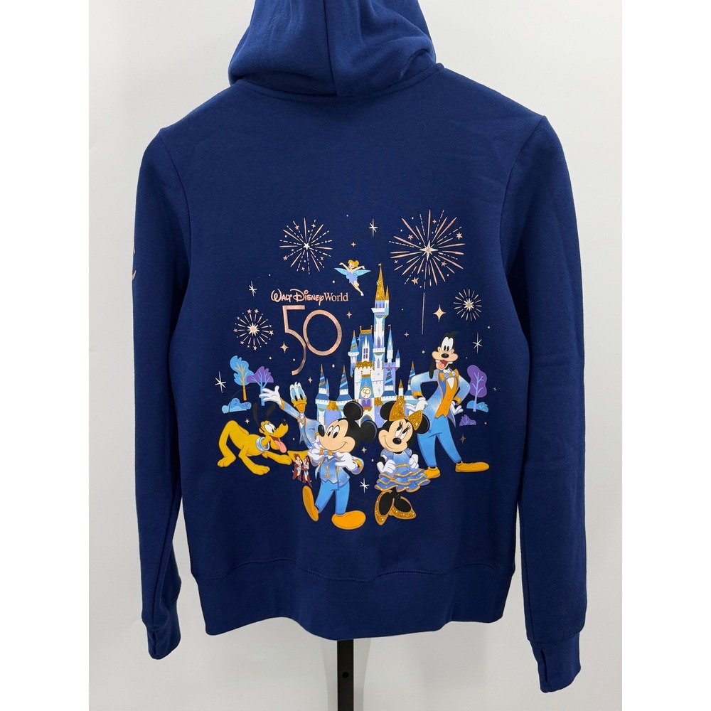 Disney Walt Disney World 50th Full Zip Hoodie Blue Castle Kangaroo Pocket Womens